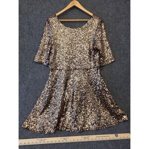 French Connection Dress Womens 12 Gold Sequin Scoop Neck Fit & Flare Mini Party